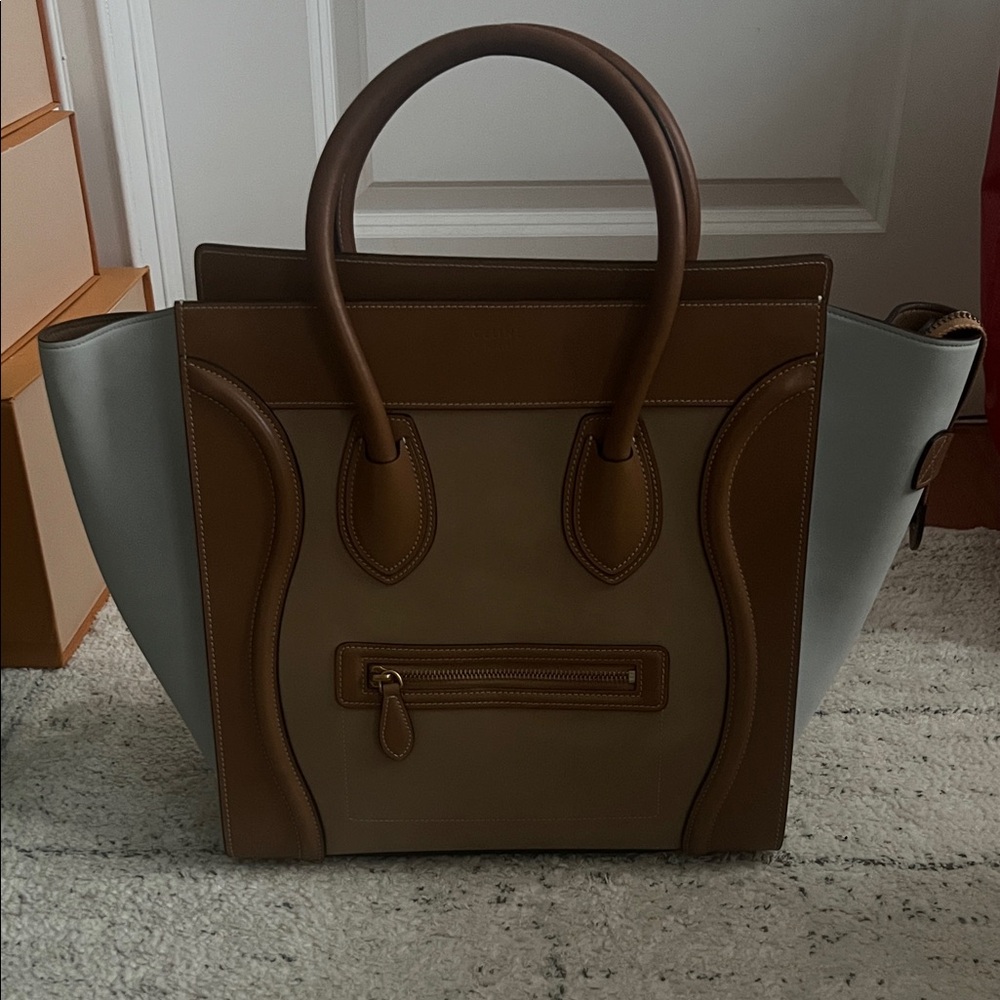 Celine Tricolor Mini Luggage Tote Brown Leather Blue Nubuck